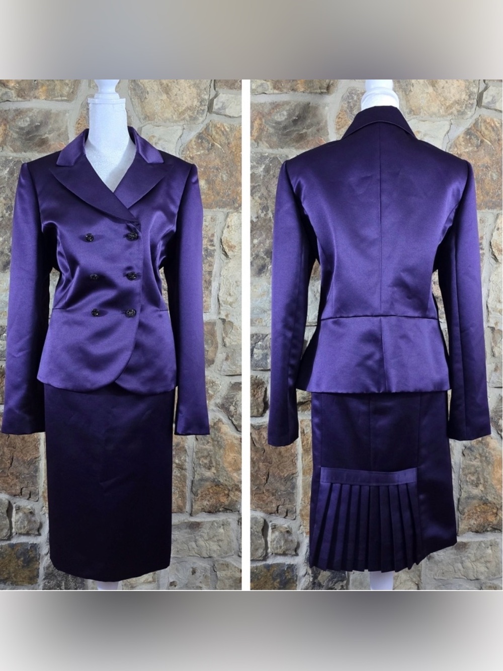 Tahari Satin Double Breasted Purple Skirt Suit Set, Size Petite 8